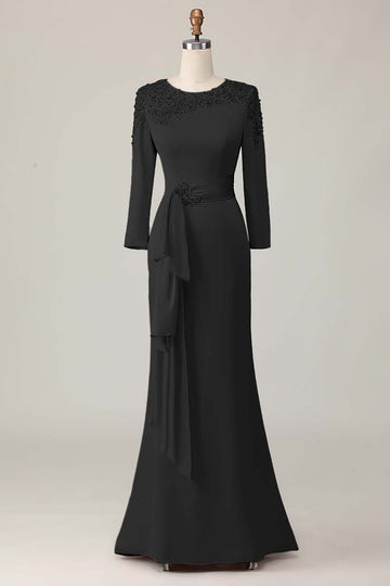 Black Sheath Round Neck Long Mother Of The Bride Dress with Sleeves